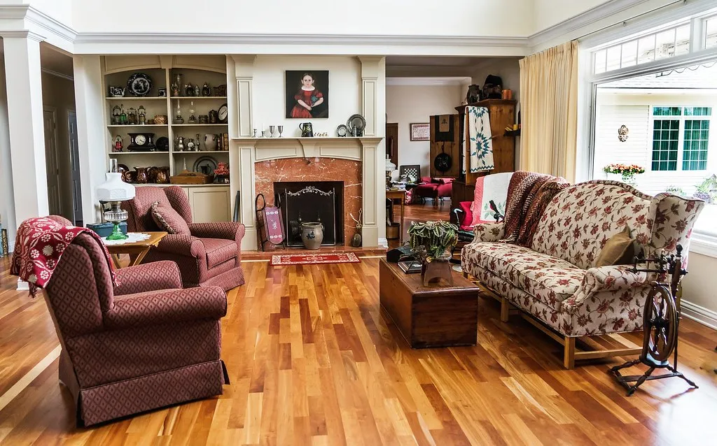 Living room with a glossy wood plank floor and area rug